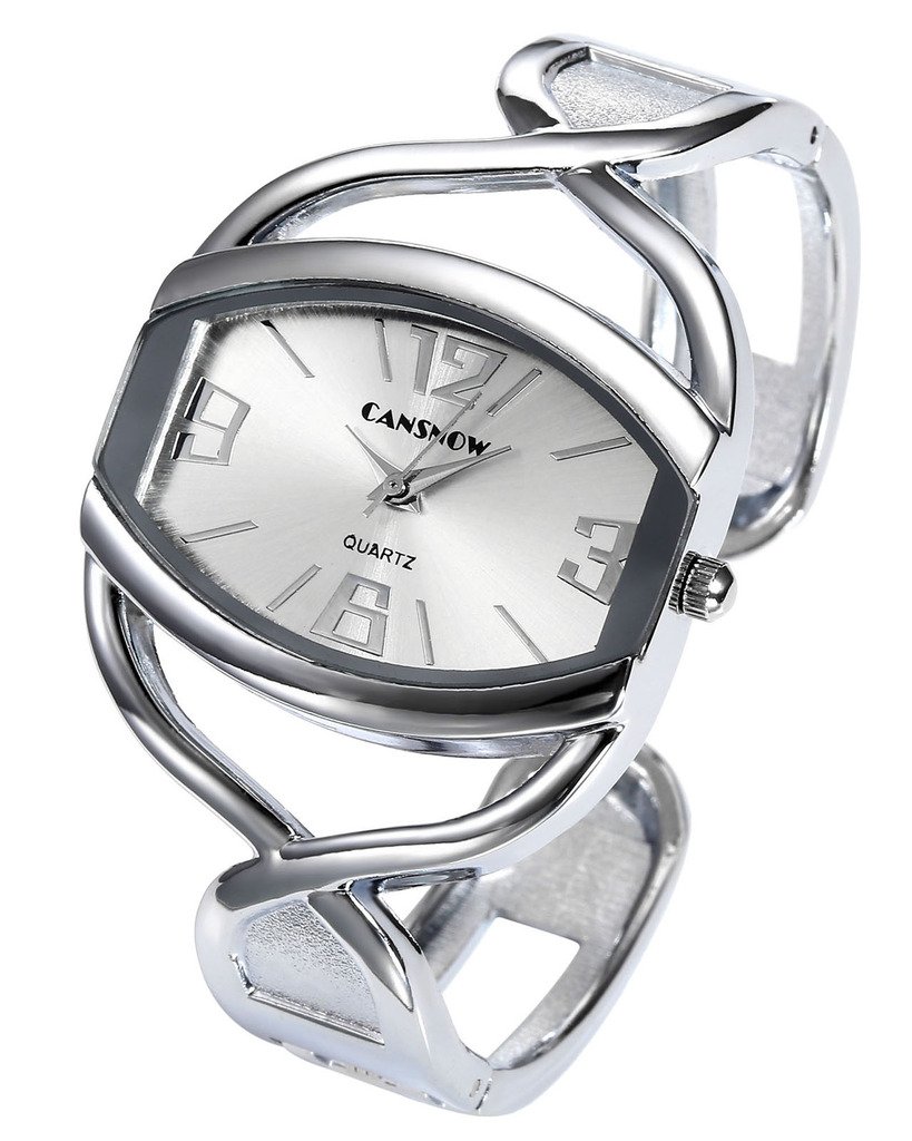 Top Plaza Women Fashion Luxury Silver Tone Bangle Cuff Cross Band Arabic Numeral Quartz Watch