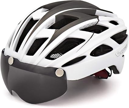 Amazon Victgoal 自転車 ヘルメット 大人用 Ledライト付きサイクルヘルメット 磁気ゴーグル 防虫ネット ロードバイクヘルメット 超軽量 高剛性 サイクリングヘルメット サイズ調整可能 男女兼用 自転車ヘルメット 57 61cm 新しい白 Victgoal 大人用 ヘルメット
