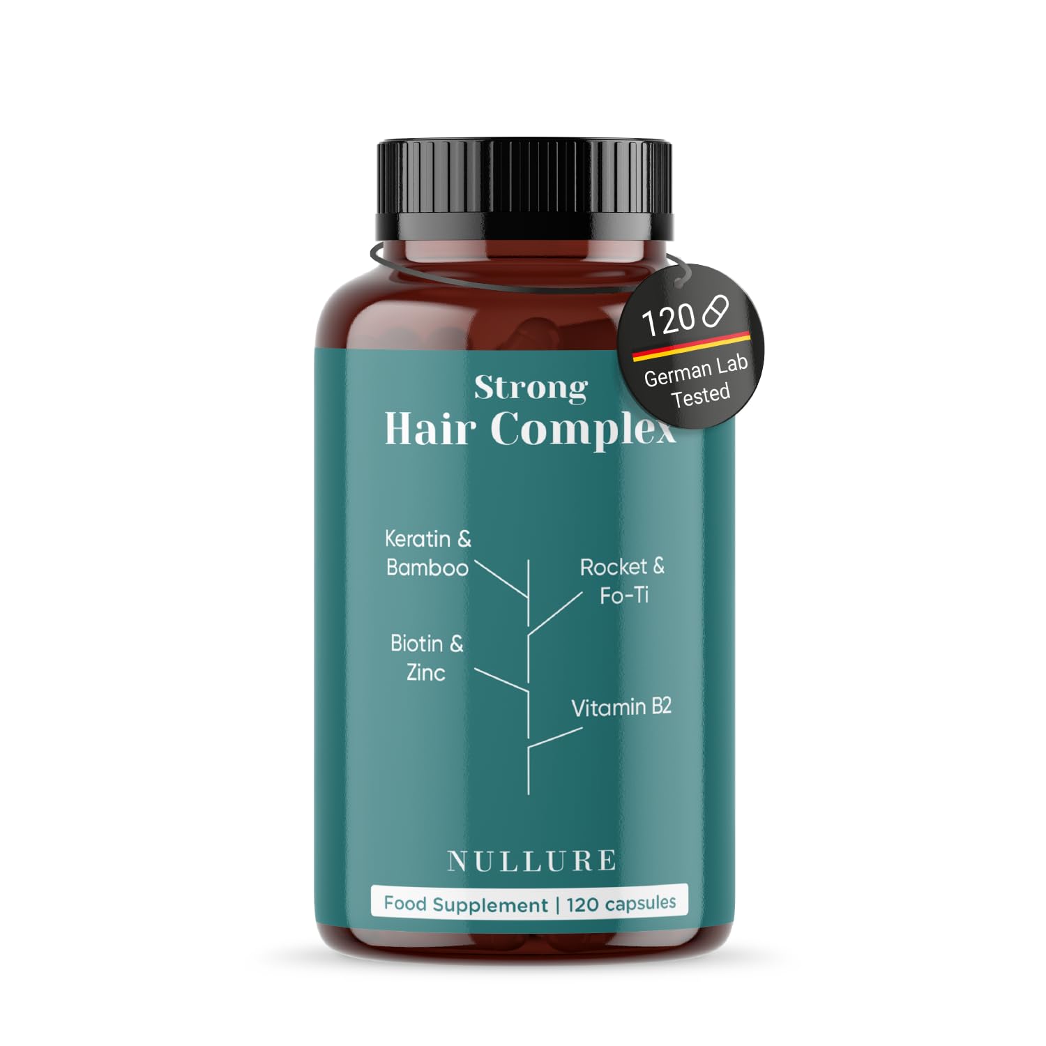 Nullure Natural Hair Growth Supplement | Hair Vitamins | Hair Growth Booster · Hair Loss Action · Strength and Shine | Biotin + Keratin + Zinc + Fo-ti + Bamboo + Vitamin B2 | 120 Capsules (2 Months)