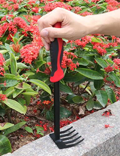 KEMAIER Garden Hand Rake - Metal Garden Cultivator Tools Black and Red Small Rake - Thumbnail 3