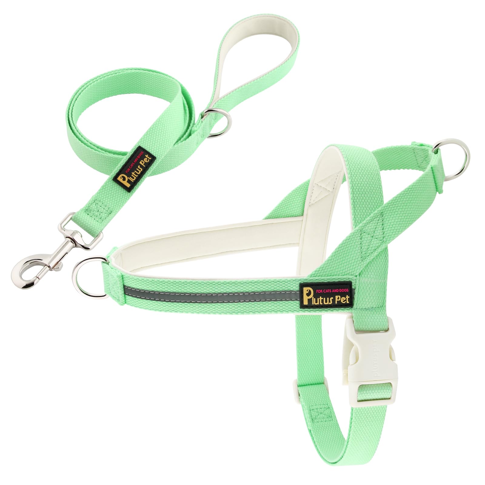 Plutus Pet Cotton Dog Harness and Lead Set, Reflective and Soft Padded, Quick Fit Vest Harness, for Small, Medium and Large Dogs, Light Green, L