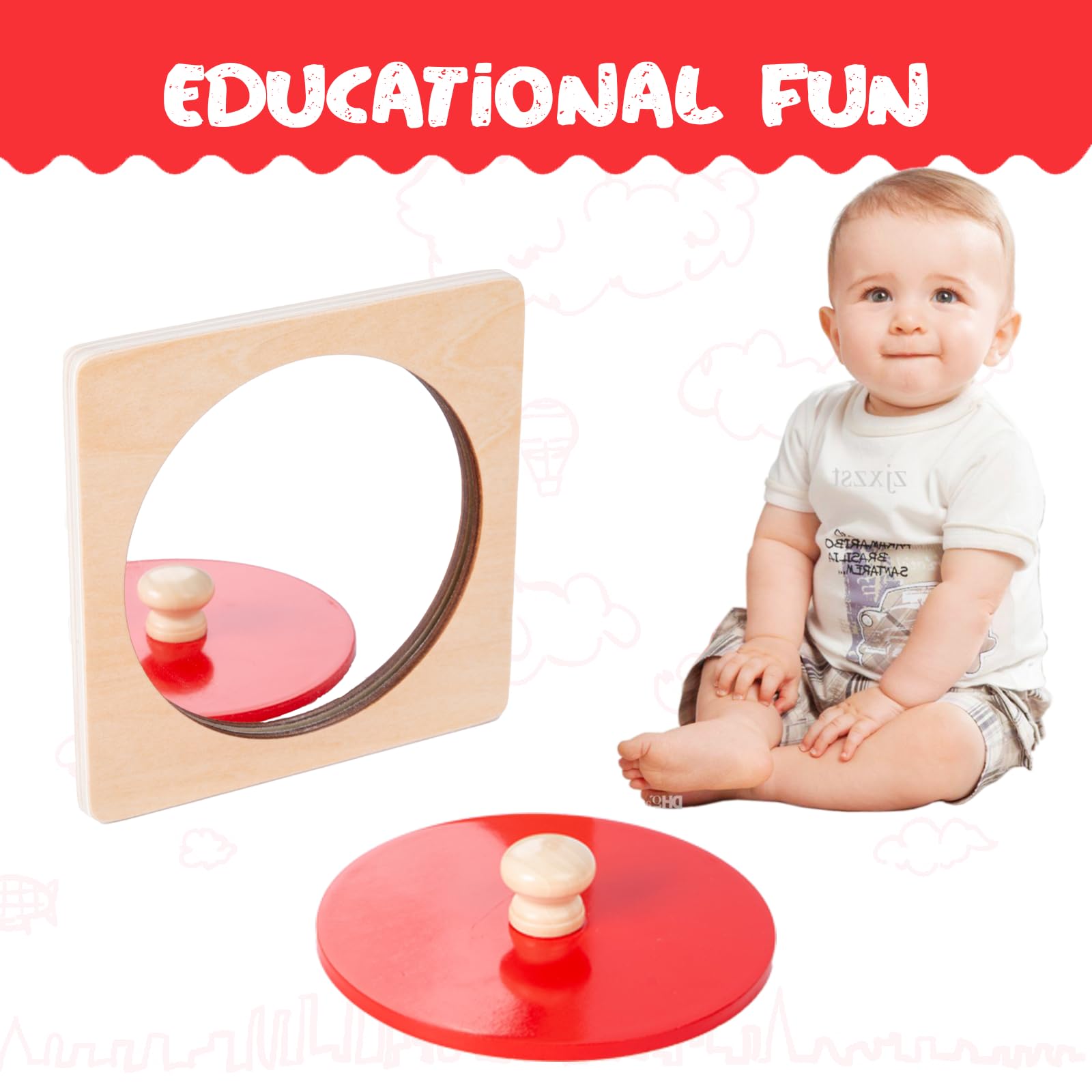 Montessori Baby Toys Play Kit Montessori Mirror Peekaboo Knob Puzzle, Medium Spinning Drum and Rainbow Fabric Ball Kit Toys for6-12Months Toddlers (Mirror Peekaboo Knob Puzzle)