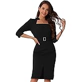 Allegra K Business Pencil Dress for Women's 3/4 Sleeve Office Dresses with Belt