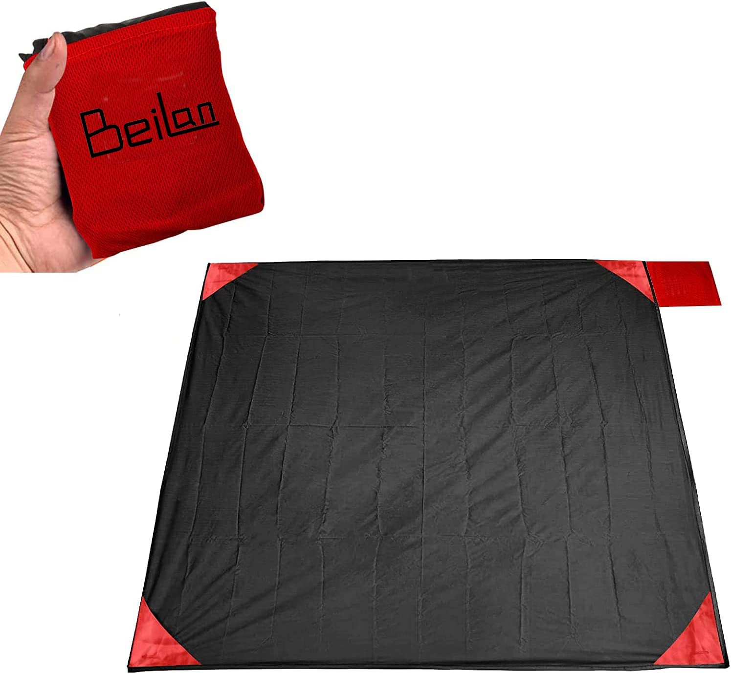 BeiLan Mini Pocket Picnic Blanket Durable Lightweight Waterproof Sand Proof Beach Camping Travel Mat Foldable Thin Ground Sheet for Outdoors Activities (150 * 180cm, Black & Red)