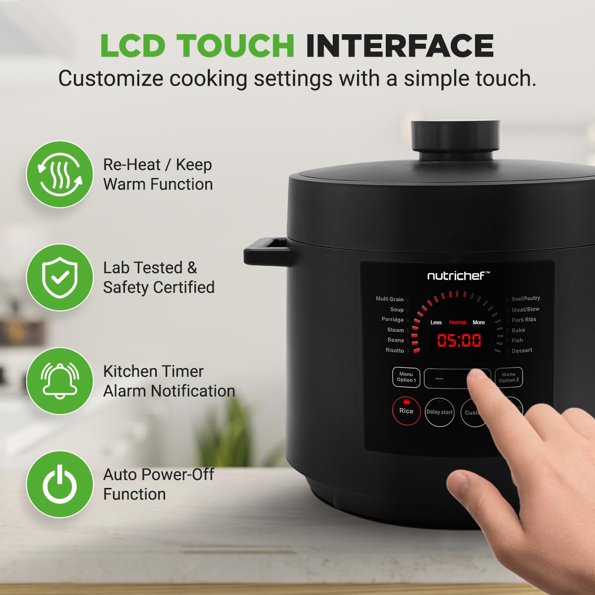 Olla a presión eléctrica NutriChef de 6 cuartos de capacidad | Olla a presión digital para encimera de 9 funciones | Tiempo y temperatura ajustables | Cocine, hornee, cocine al vapor, ase y estofado | 13,1 x 11,4 pulgadas | Negro