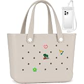 MONSOCIO Rubber Beach Tote Bag XL &amp; Medium Waterproof Tip-Proof | Thickened EVA Reinforced Base, with Zipper Pocket, Phone Pouch, Charms, Beach, Pool, Boat, Travel for Women Moms