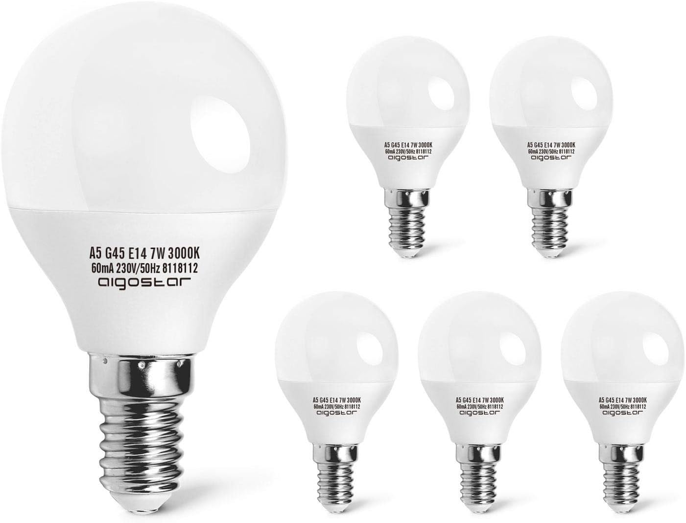 Aigostar - Bombilla Esmerilada LED G45, 7 W, casquillo delgado E14 y ...