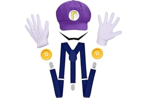 ratote Novelty Wari and Waluig Costume for Adults,Women and Men - Complete Halloween & Cosplay Accessory Set with Hat, Mustache, Gloves, Buttons, and Suspenders(Purple)
