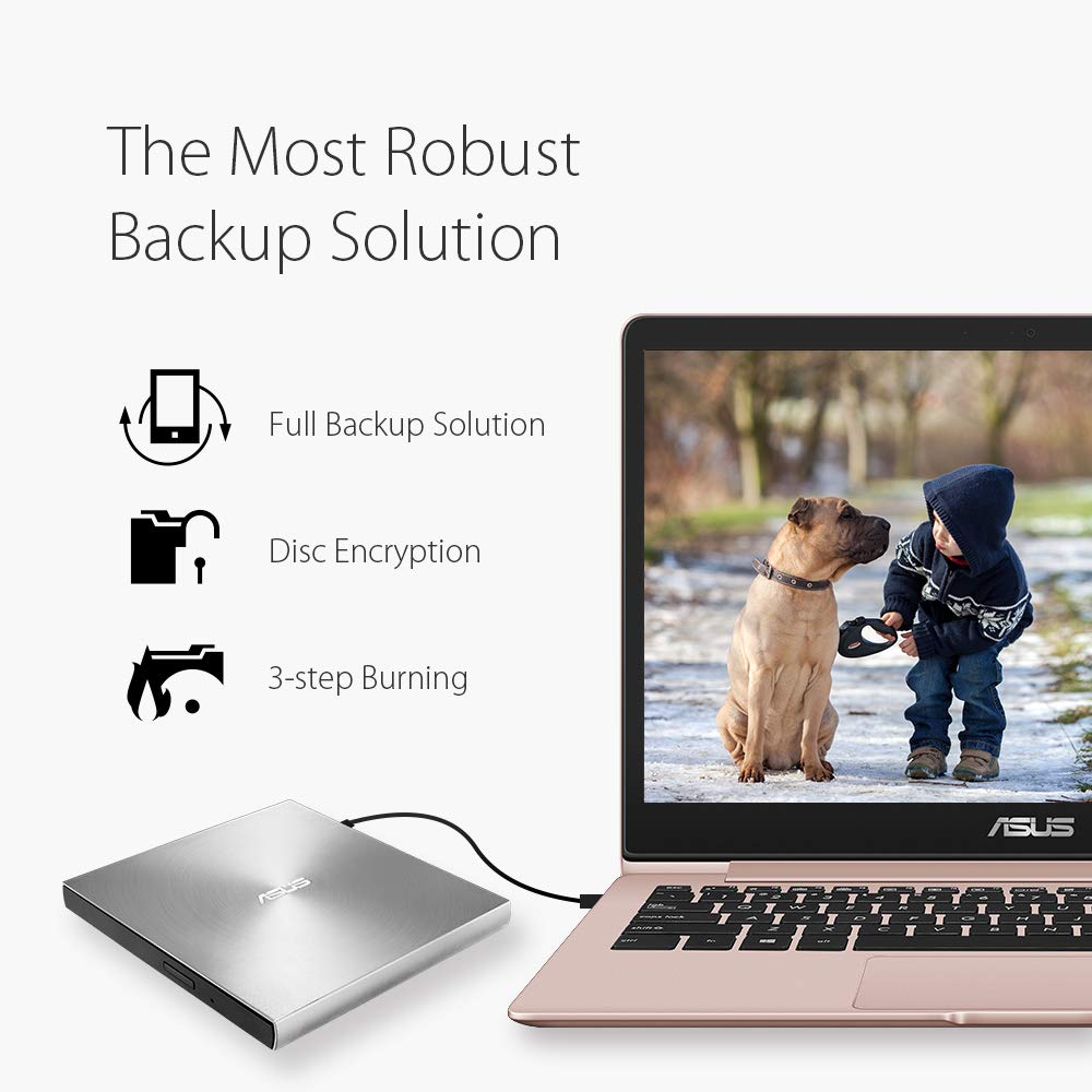 ASUS ZenDrive Silver 13mm External 8X DVD/ Burner Drive +/-RW with M-Disc Support, Compatible with both Mac & Windows and Nero BackItUp for Android devices (USB 2.0 & Type-C cables included)