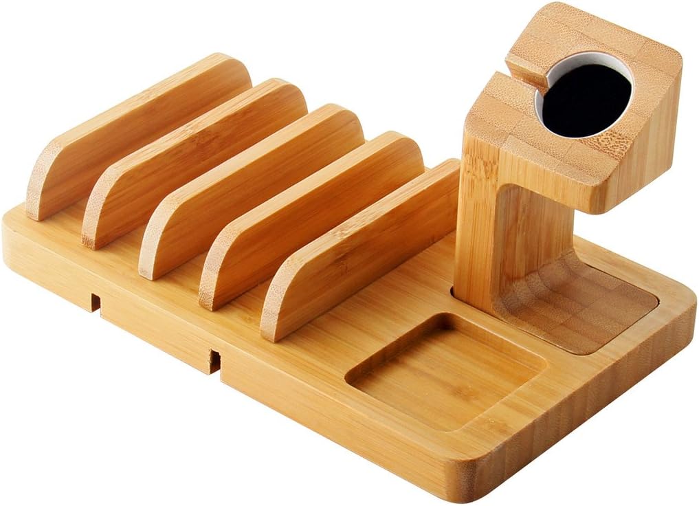 Iputy Charging Station, Bamboo Wood Charging Stand Holder Compatible for iWatch Series(38mm & 42mm),5-Slot Detachable Universal Cradle Dock Organizer Compatible for iPhone,iPad,Tablet,eBook