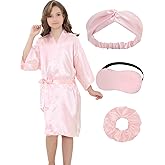 EPLAZA Kids Girls Satin Robe with Hair Band Eye Mask for Birthday Spa Bridal Party Flower Girls Wedding Robes Kimono
