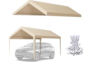 TANGJEAMER 10x20 Carport Canopy Replacement Cover, 180G Car Canopy Garage Top Tent Shelter Cover, Waterproof & UV Protection Car Trap with Fabric Leg Pole Skirts Ball Bungees, Frame is not Included (Beige)