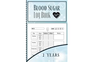 Blood Sugar Log Book - 2 Years: Daily Diabetic Glucose Diary, Insulin and Medication for type 1 and type 2 Diabetes - 2 Years