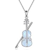 YAFEINI Sterling Silver Violin and Violin Bow Pendant Necklace with Opal Stone - Music Jewelry Gift for Women Violinists