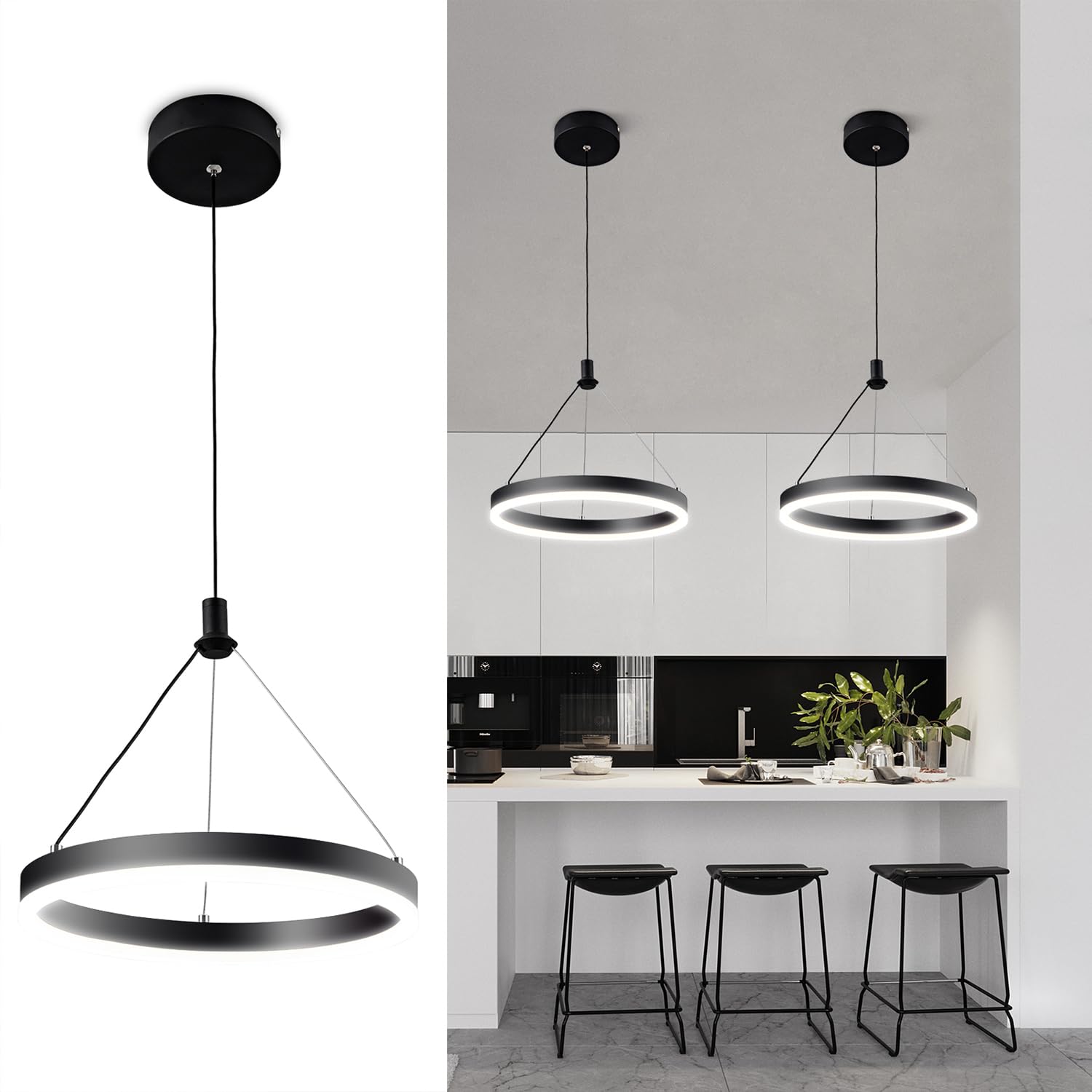 Photo 1 of Modern LED Chandelier?Black Pendant Light Fixture with Circular Ring Lights?Adjustable Height Chandeliers with Circular Ring Shape for Dining Room Kitchen Island Living Room Bedroom Cafe(4000K)