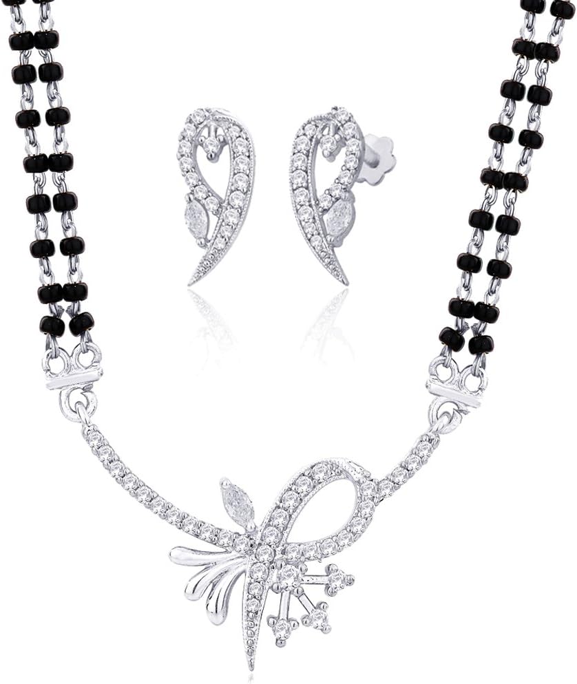 Viyari Amrita Silvertone Love Holy Thread Indian Mangalsutra Necklace Earrings Jewelry Set