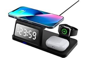 Tangxi Wireless Charging Station with Alarm Clock, 3 in 1 Multiple Charger Stand for Phone Watch Earbuds 15W Fast Charging