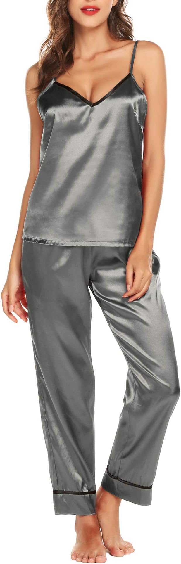 Romanstii Satin Pajamas Set Silk Sleepwear Cami Nightwear Soft Lingerie PJ Set