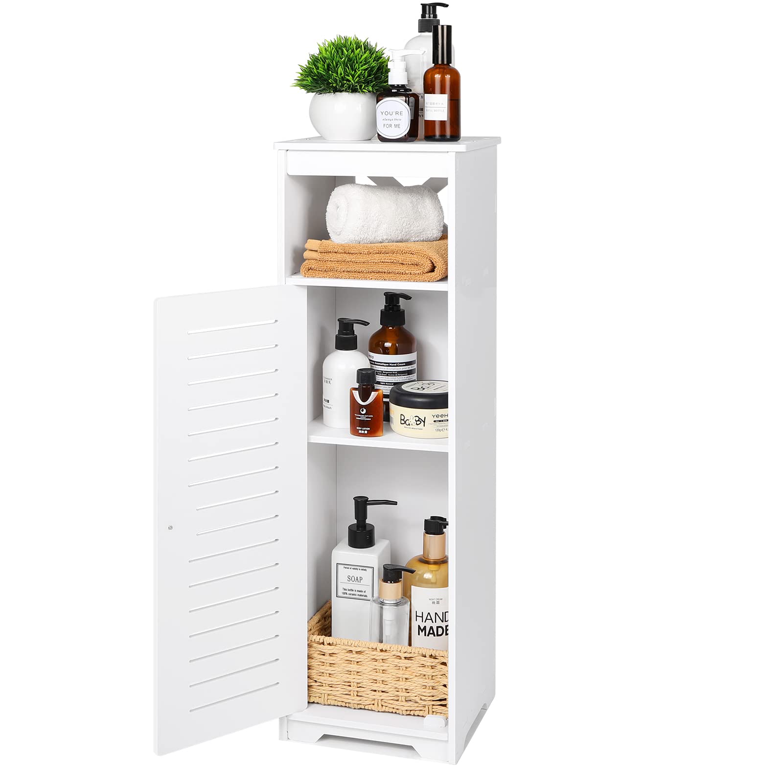 BHFOW Bathroom Floor Storage Cabinet with 1 Tier Shelf and Single Door, Free Standing Storage Organizer Hallway Entryway Cabinet, Narrow Bathroom Shelf for Living Room Kitchen, White