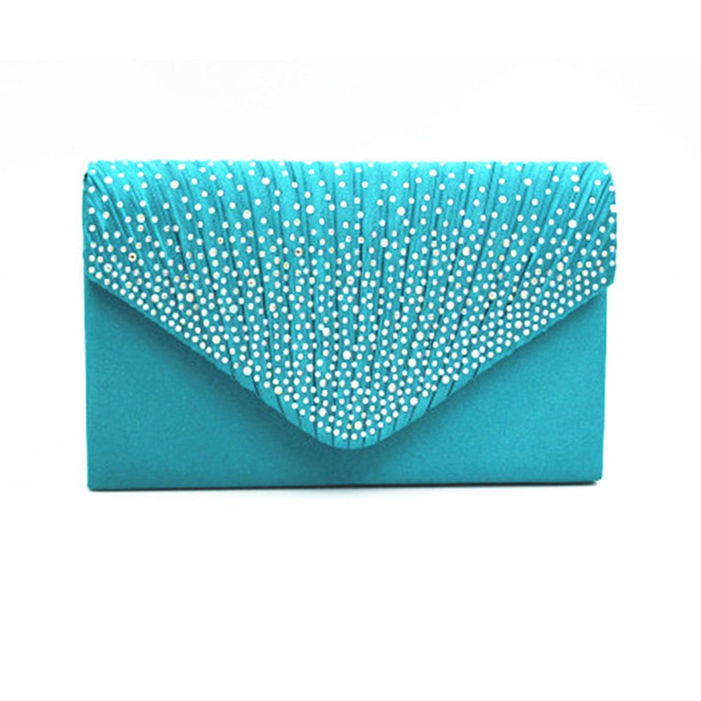 Eleoption Womens Satin Diamante Ladies Envelope Handbag Wedding Bridal Prom Handbag Clutch Bag Evening Party Purse Shoulder Chain Bag (Turquoise)