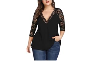 SHOPESSA Women's Sexy Blouses V Neck Elegant Lace 3/4 Sleeve Tops Plus Size Eyelash Stitching Casual Tee Shirts