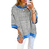 SHEWIN Womens Tops Casual Short Sleeve Sweatshirt Crewneck Striped Shirt Pullover T Shirts Loose Blouses