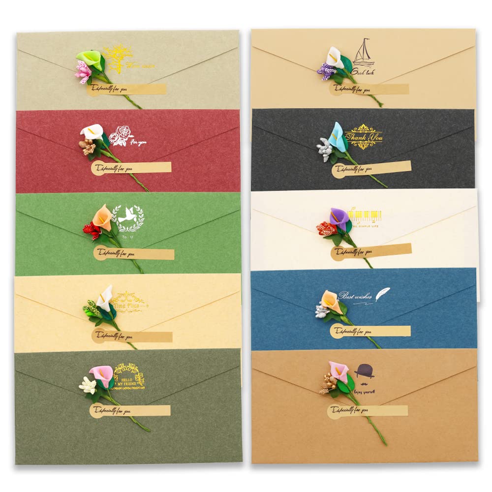 BITEYI 10pcs Fancy Envelopes with Greeting Cards Handmade Dried Flowers and Stickers,Vintage Kraft Paper Envelopes with Postcards (Multicolor)