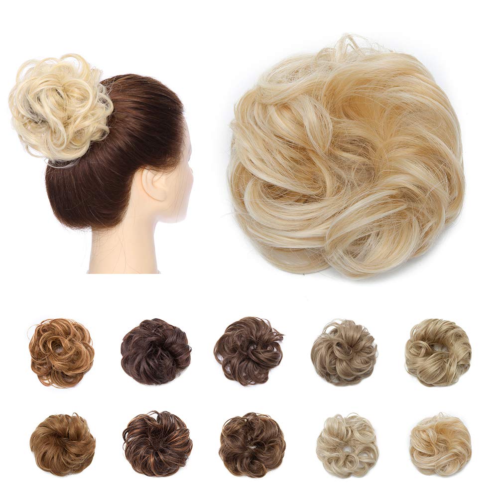 Silk-co Messy Hair Scrunchies for Women Scrunchy Scrunchie Bun Up Do Hair Piece Hair Ribbon Ponytail Extensions Wavy [Golden & Bleach Blond]