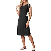 GRECERELLE 2026 Women Summer Round Neck Casual Loose Split Wrinkle-Free Midi Dress with Pockets (XS-3XL)