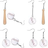 4 Pairs Baseball Dangle Earrings 3D Big Faux Leather Baseball Earrings Baseball Bat Drop Earrings Pendant Baseball Jewelry for Women