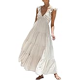 ebossy Women Flowy Tunic Beach Dress Sexy V Neck Ruffles Cap Sleeve Shirred Tiered Maxi Sundress