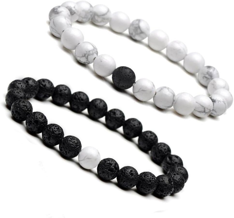 EnjoIt Distance Bracelet Black Matte Agate & White Howlite Energy Stone Beads Bracelet Set Couple Bracelet