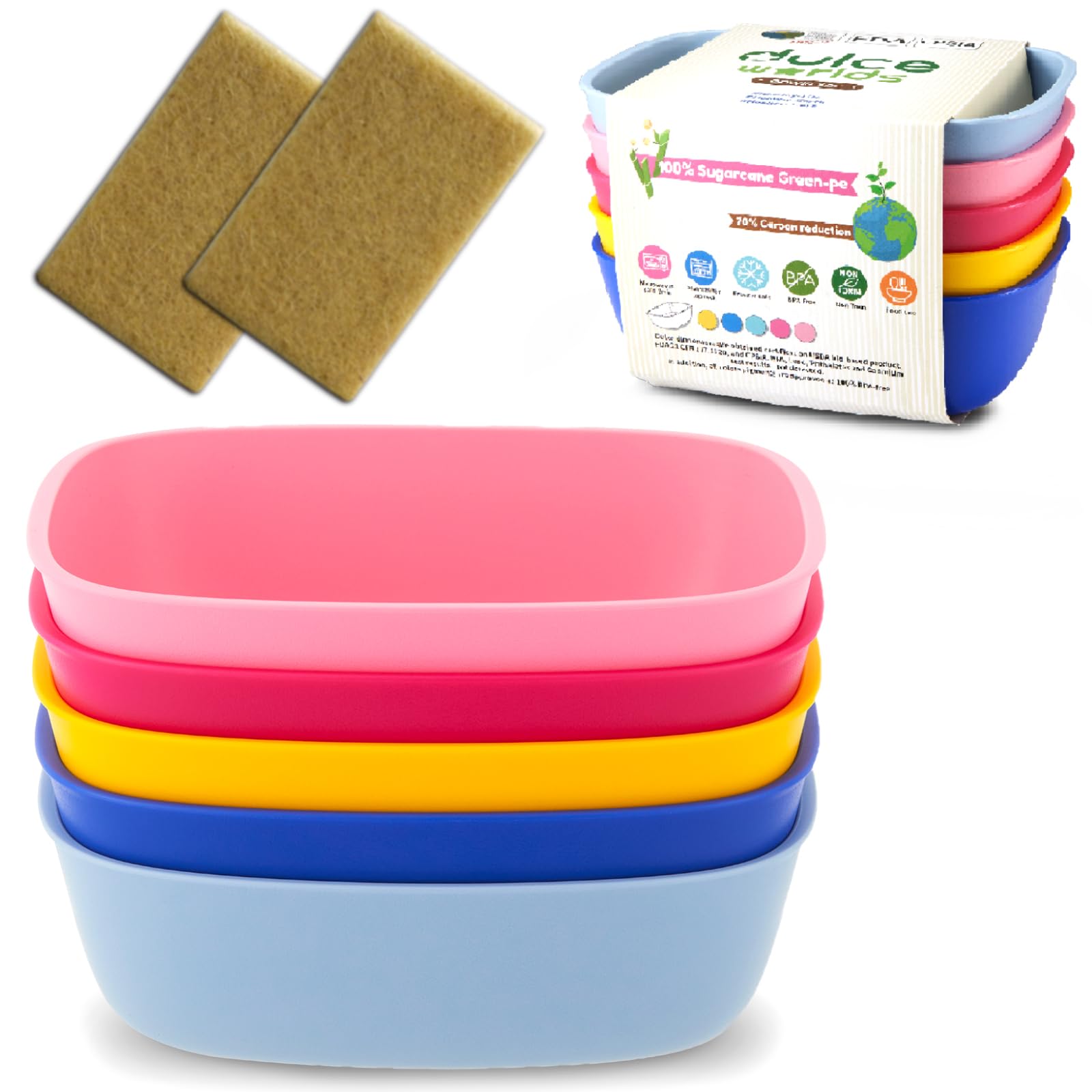 Sugarcane Kids Bowls 5 Pack (800ml) - Natural Plastic Dishes for Toddler to Big Kids - LFGB & USDA Certified – Dishwasher & Microwaves Safe – BPA Free, Unbreakable, Reusable - Multi