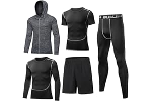 BUYJYA 5Pcs Men's Compression Pants Shirt Top Long Sleeve Jacket Athletic Sets Gym Clothing Mens Workout