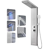 ROVOGO LED Shower Panel Tower System with Lights, 5 Shower Modes, 46.5 Inch | Rainfall Waterfall Shower Head, 4 Body Jets, Handheld and Tub Spout, Stainless Steel Shower Column with Brass Valves, Brushed