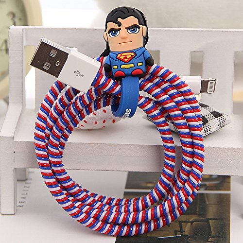 Tospania DIY Cartoon Style Spiral Wire Protectors for Apple Lightning Cables/Samsung and other Tablet Charging Cables/ Earphone Cords and More (Superman)