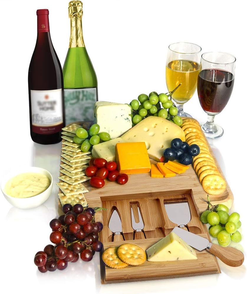 Bamboo Cheese Board with Hidden Sliding Drawer holding Cheese Knives, Serving Utensils | Charcuterie Board is Perfect for House Warming Gift