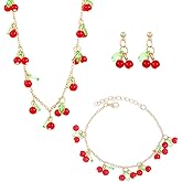 PINK TOWN 3pcs Strawberry Necklace Bracelet Earring Set for Women Cherry Necklace Bracelet Earring Set Acrylic Jewelry Set Cute Food Fruit Charm Jewelry Set
