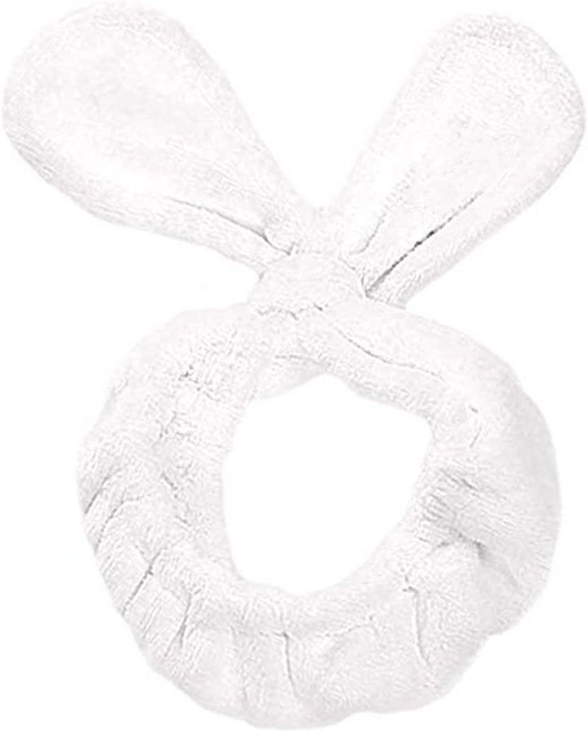 Headband by eFemme USA Velvet Elastic Bunny Ears - Spa Wash Face Makeup Facial Hair Band (White)