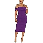 Women's Sexy Off Shoulder Sleeveless Bodycon Ruched Midi Elegant Cocktail Evening Party Night Tube Dresses
