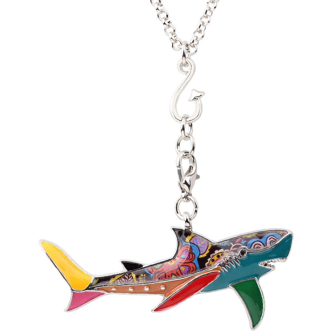 NEWEI Floral Enamel Shark Necklace Pendant for Women Girls Teens Cute Ocean Shark Gift (Multicolor)