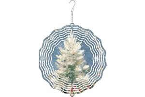 Christmas Tree Wind Spinner, Winter Festive Snowflakes Red Berries Christmas White Metal 3D Outdoor Wind Sculptures Ornaments