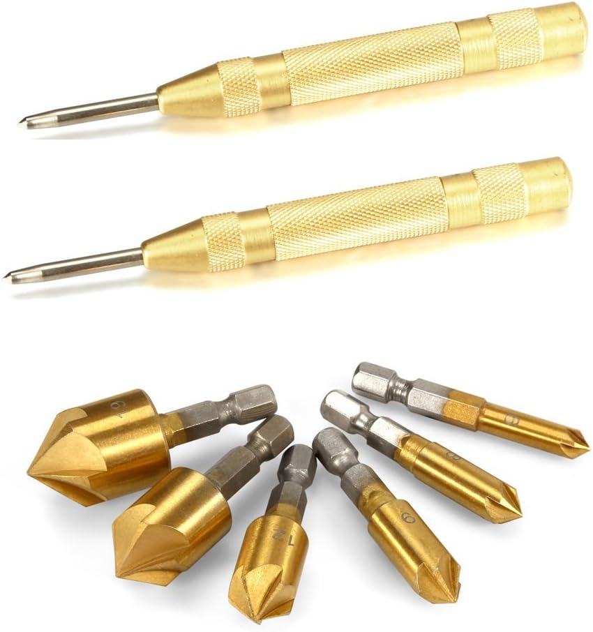 6 Pcs Countersink Drill Bits,1/4" Hex Shank 90 Degree 5 Flute Hole Cutter Chamfering Drill Bit 6mm 8mm 9mm 12mm 16mm 19mm for Wood Quick Change Bit with 2 pcs Brass Automatic Center Punch Tools