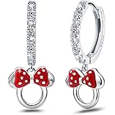 S925 Sterling Silver Shinny CZ Red Dropper Mouse Hoop Earrings Hollowed Out Mouse Bow Huggie Fashionable Cute Exquisite Small Animal Earrings For Women Wife Girlfriend Wedding Birthday