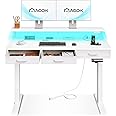 AODK Electric Standing Desk with Drawers, 47 Inch Height Adjustable Small Desk with Power Outlets & LED Lights, Sit Stand Table with Monitor Stand for Home, Office, Workstation, White
