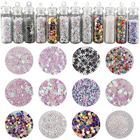 YOFASEN 12 Bottles Glitter Makeup Set - Colorful Body Glitter Hair and Nail Art Chunky Glitter Powder Sequins Cosmetic Shining Arts Crafts Glitter, Bright White