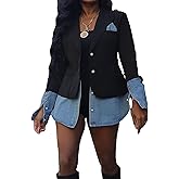 Vaceky Women's Denim Shirt-Tail Blazer Pearl Buttons Slit Jean Cuffs Business Jacket