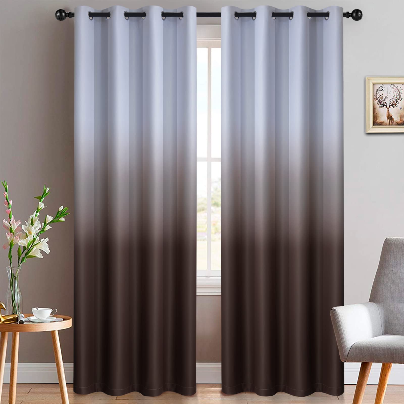 Yakamok Brown Thermal Insulated Grommet Window Drapes Gradient Color Ombre Curtains Room Darkening Panels for Bedroom (Brown, 52x84 Inch, Set of 2)