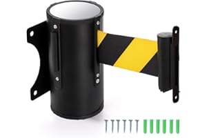 Nagpew Wall Mount Retractable Belt, 16 Ft Crowd Control Wall Barrier with Steel Case, Black Yellow Caution Flood Traffic Belt Rope Diagonal Stripe for Grocery, Retail Store, Stadium