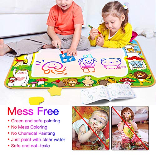 SmilePowo Aqua Magic Water Drawing Mat Set +10 Dinosaur Toy Set, (26 Pcs) ,Children Coloring Mat for Floor, Birthday Gift Kids Toddler Educational Toy Mat, Painting Writing Pad Doodle Board